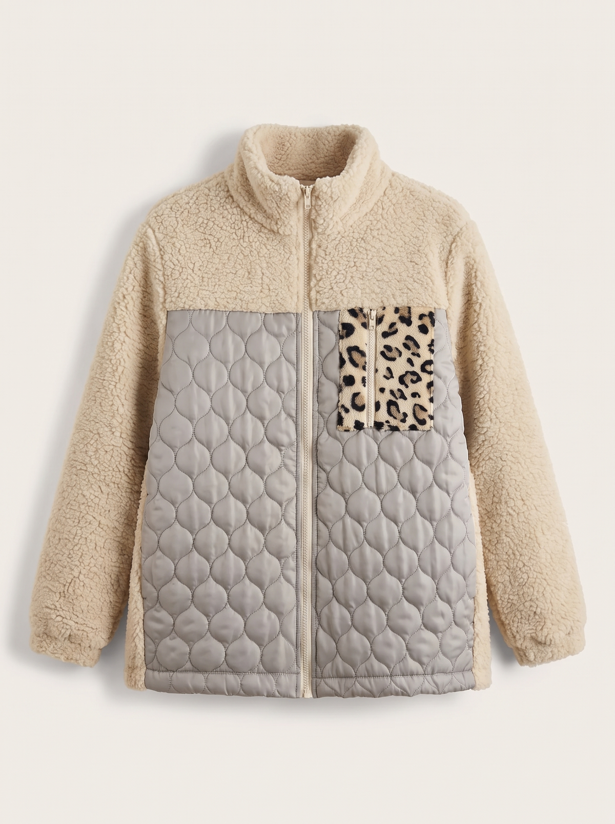 Leopard Color Block Zip-Up Jacket - Dark Gray - flat lay