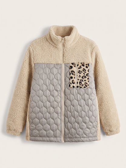 Leopard Color Block Zip-Up Jacket - Dark Gray - flat lay