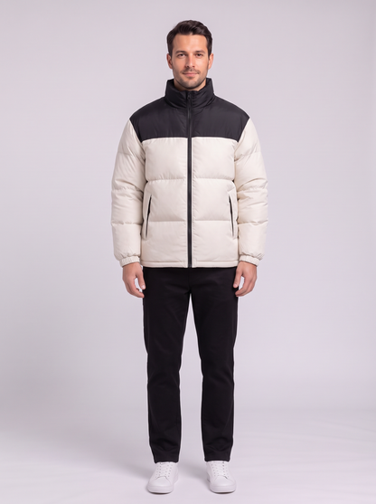 Men's Colour Block Puffer Jacket - Beige White