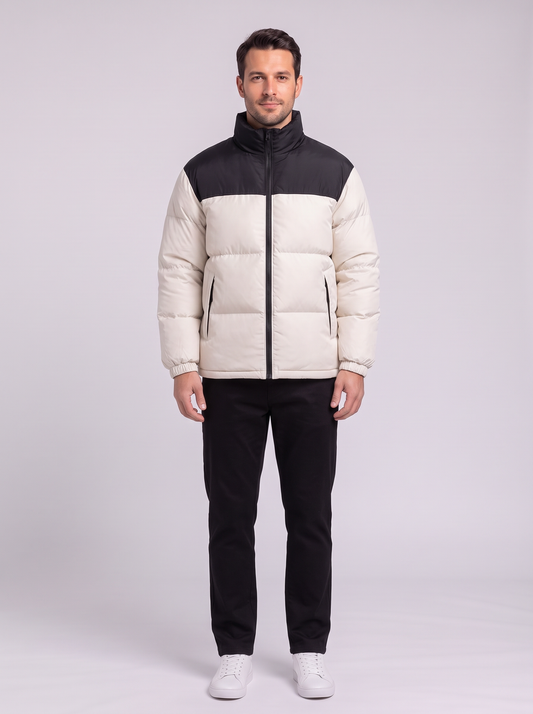 Men's Colour Block Puffer Jacket - Beige White