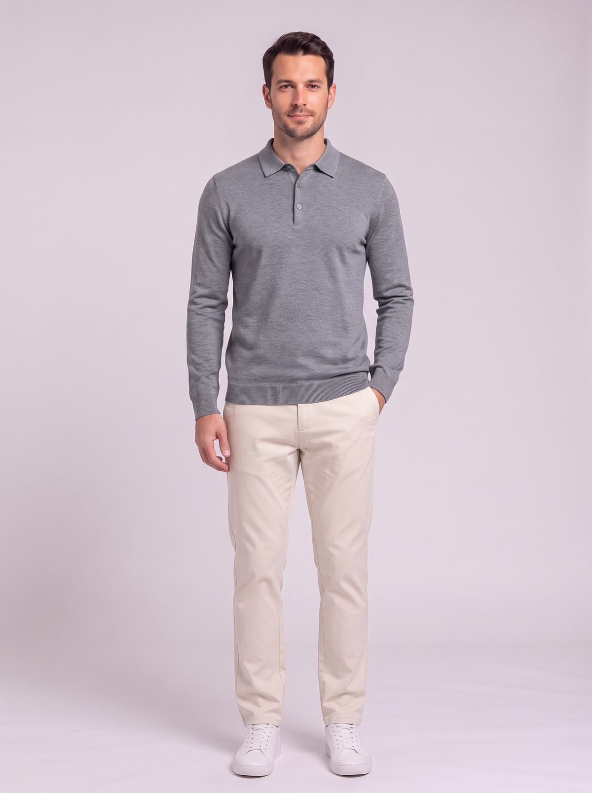 Men's Long Sleeve Knit Polo Shirt - Medium Gray