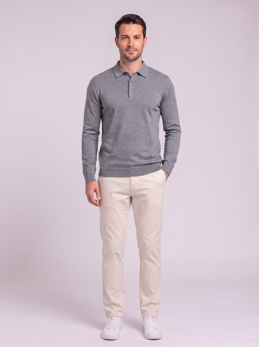 Men's Long Sleeve Knit Polo Shirt - Medium Gray