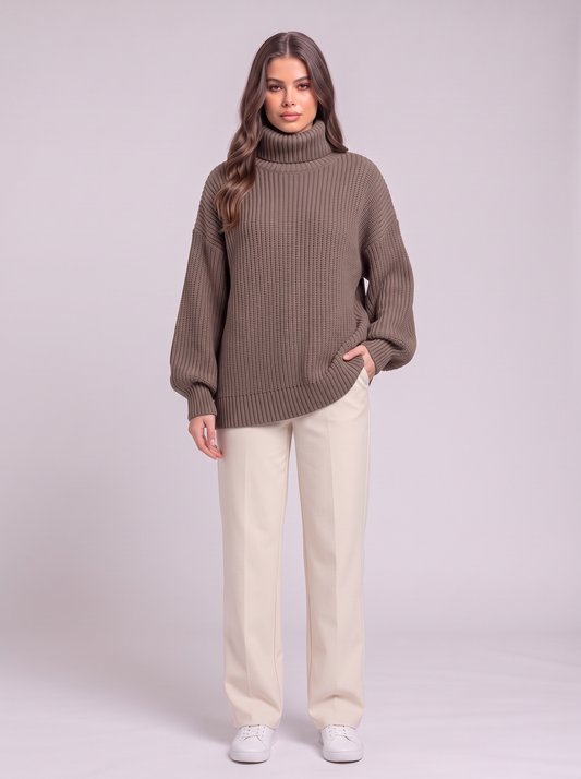 Oversized Turtleneck Ribbed Knit Sweater - Coffee
