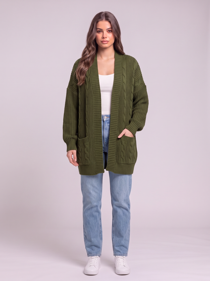 Chunky Knit Open Front Cardigan - Green