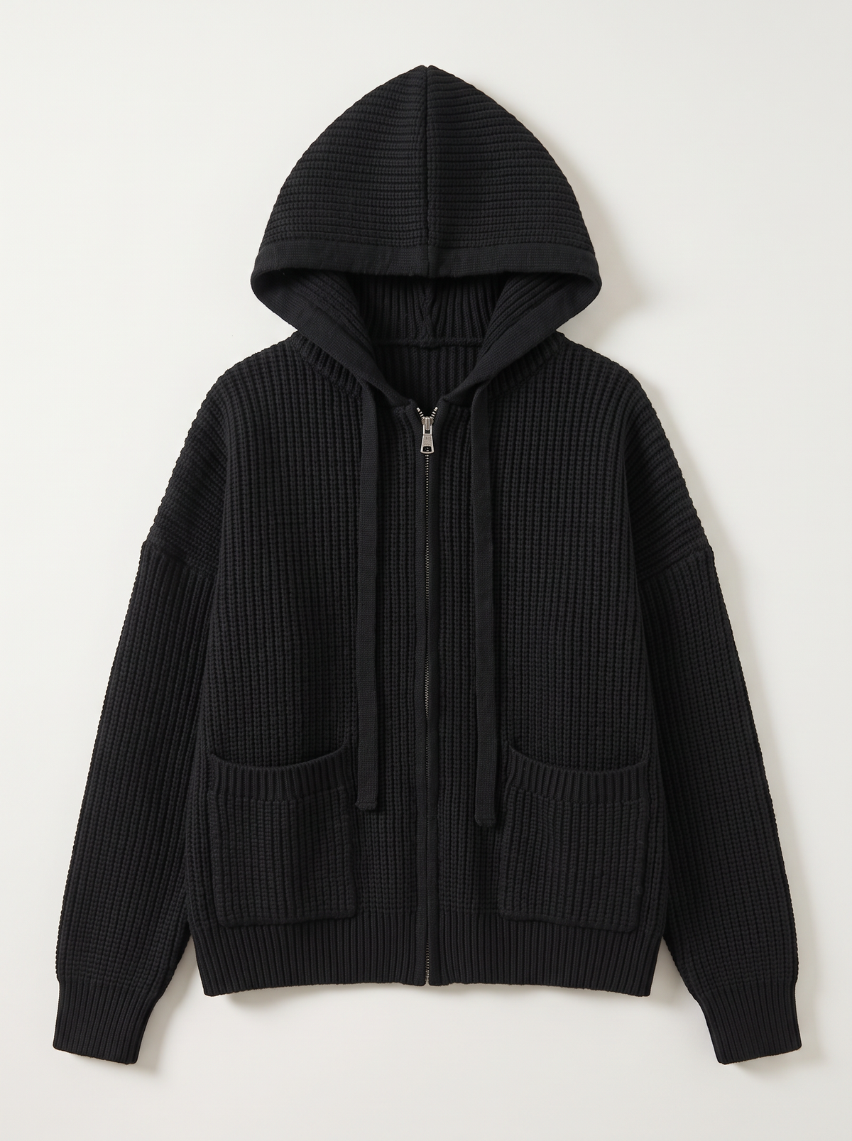 Knitted Zip-Up Hooded Cardigan - Black - flat lay