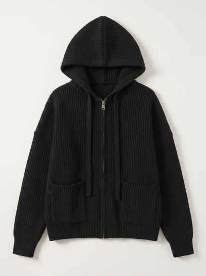 Knitted Zip-Up Hooded Cardigan - Black - flat lay