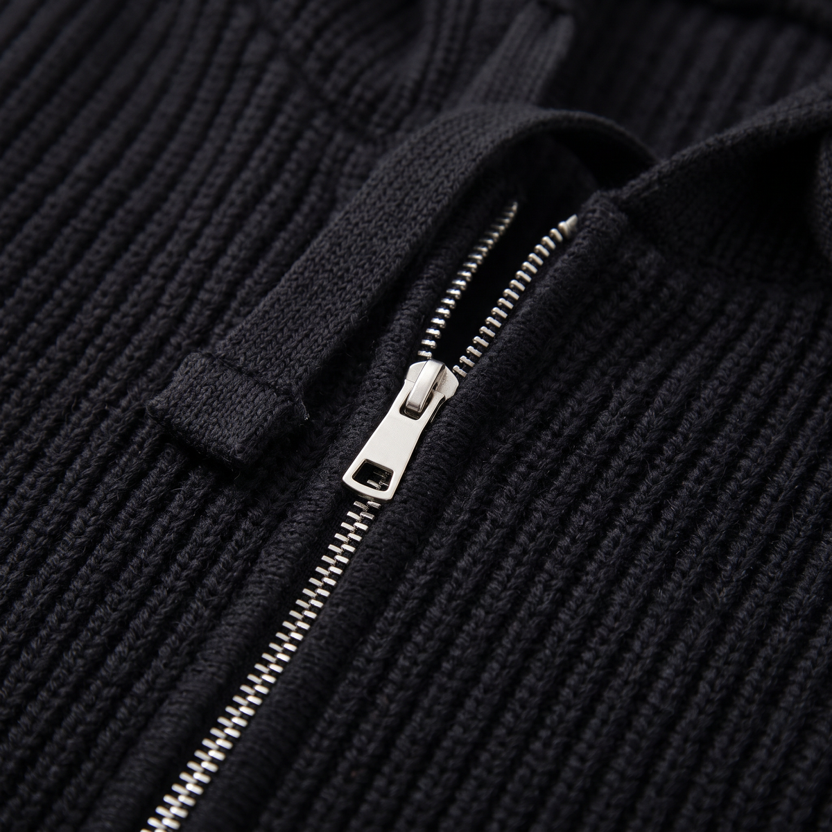 Knitted Zip-Up Hooded Cardigan - Black - fabric close-up