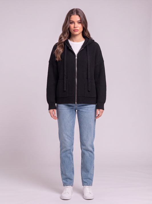 Knitted Zip-Up Hooded Cardigan - Black