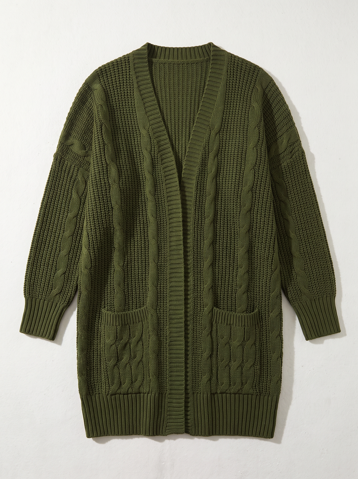 Chunky Knit Open Front Cardigan - Green - flat lay