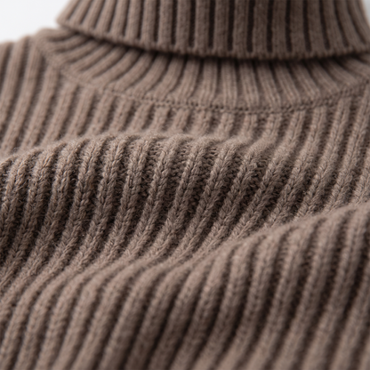 Oversized Turtleneck Ribbed Knit Sweater - Coffee - fabric close-up
