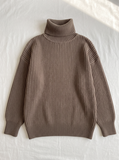 Oversized Turtleneck Ribbed Knit Sweater - Coffee - flat lay