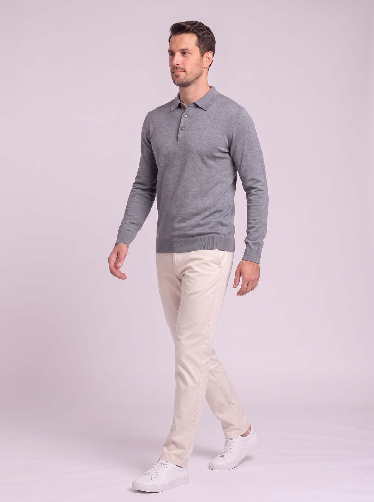 Men's Long Sleeve Knit Polo Shirt - Medium Gray - side