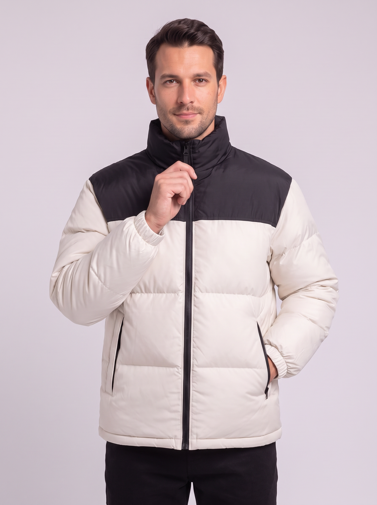 Men's Colour Block Puffer Jacket - Beige White - detail
