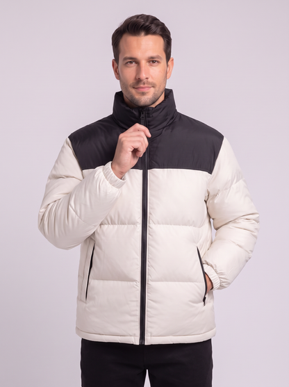 Men's Colour Block Puffer Jacket - Beige White - detail