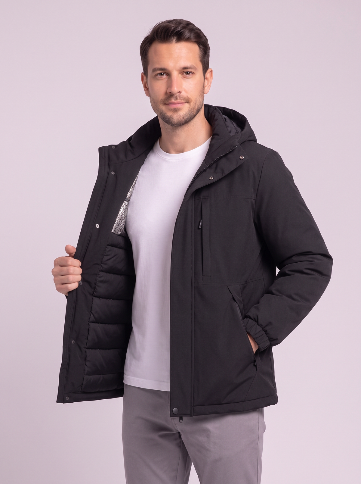 Men's Hooded Winter Coat - Black - detail
