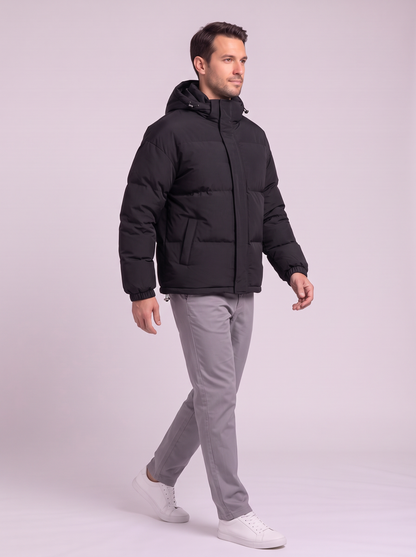 Men's Hooded Puffer Coat - Black - side