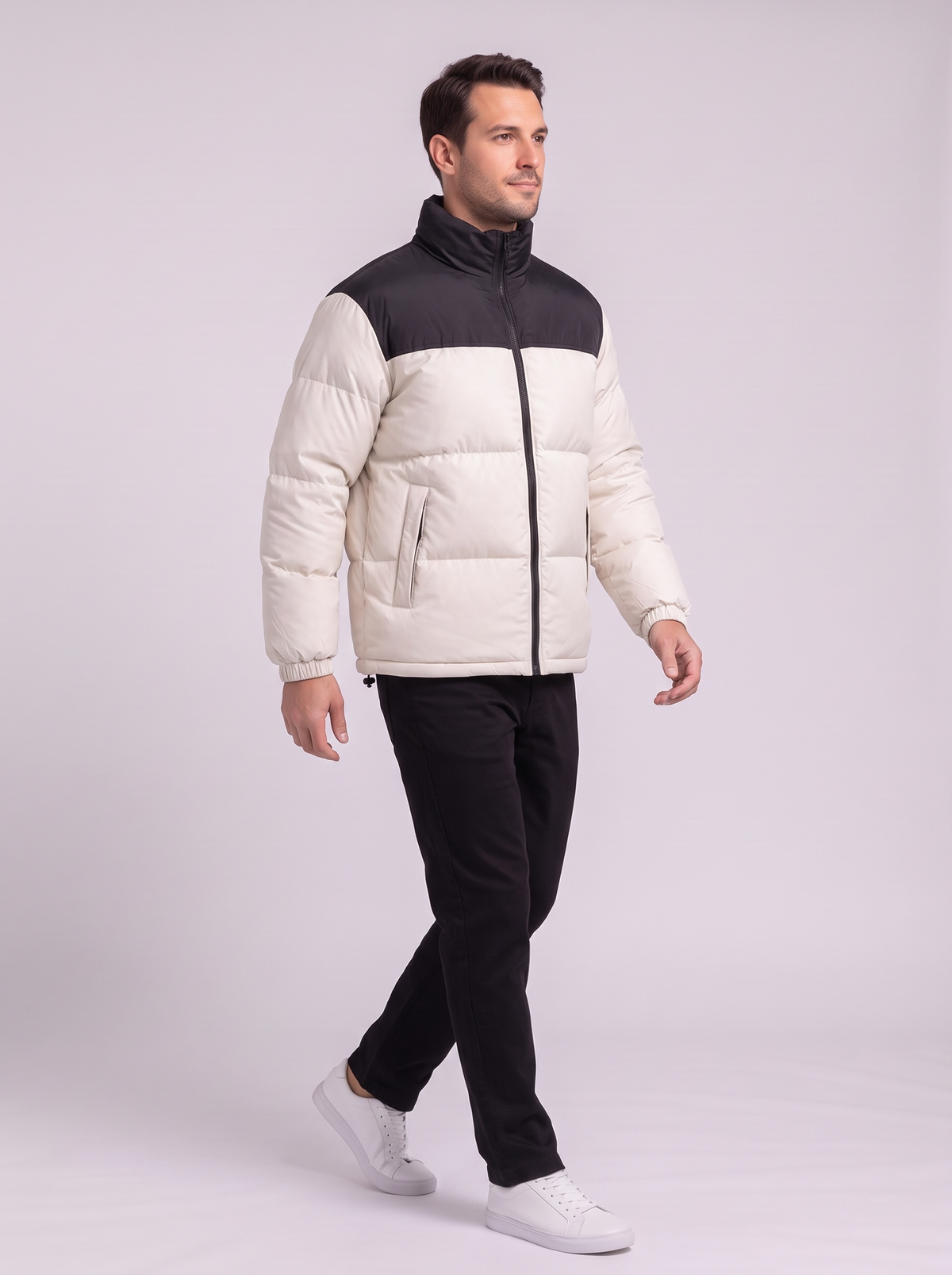 Men's Colour Block Puffer Jacket - Beige White - side