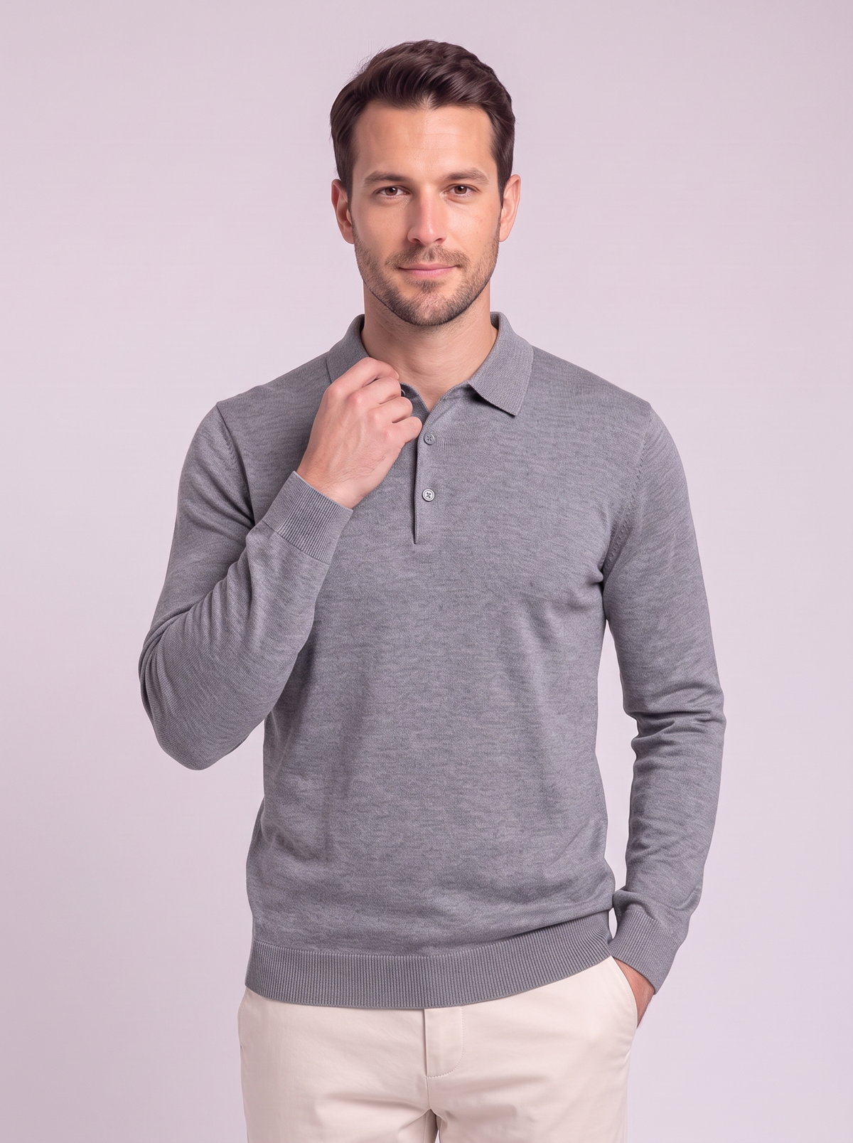 Men's Long Sleeve Knit Polo Shirt - Medium Gray - detail