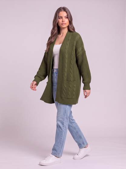 Chunky Knit Open Front Cardigan - Green - side