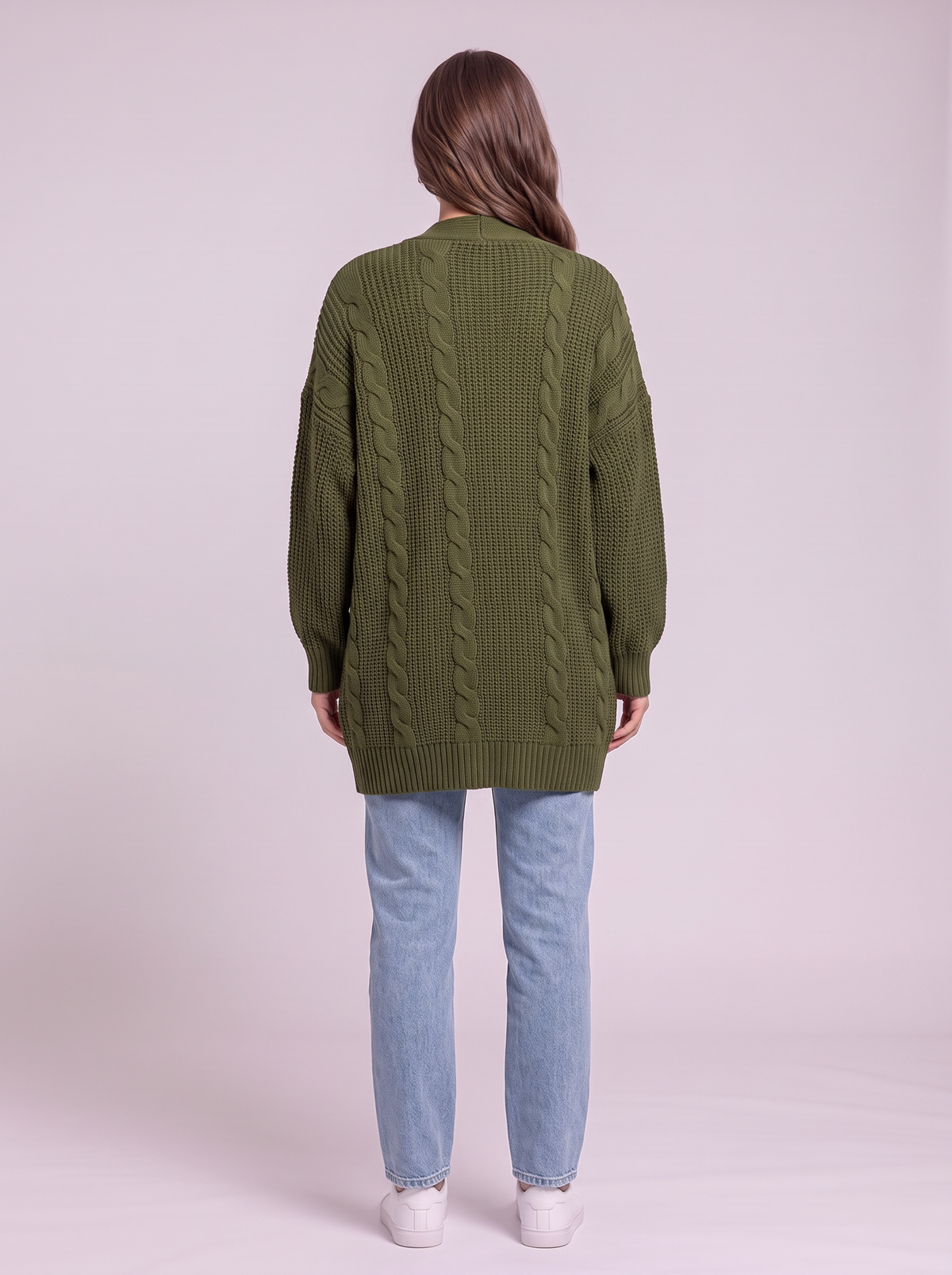 Chunky Knit Open Front Cardigan - Green - back
