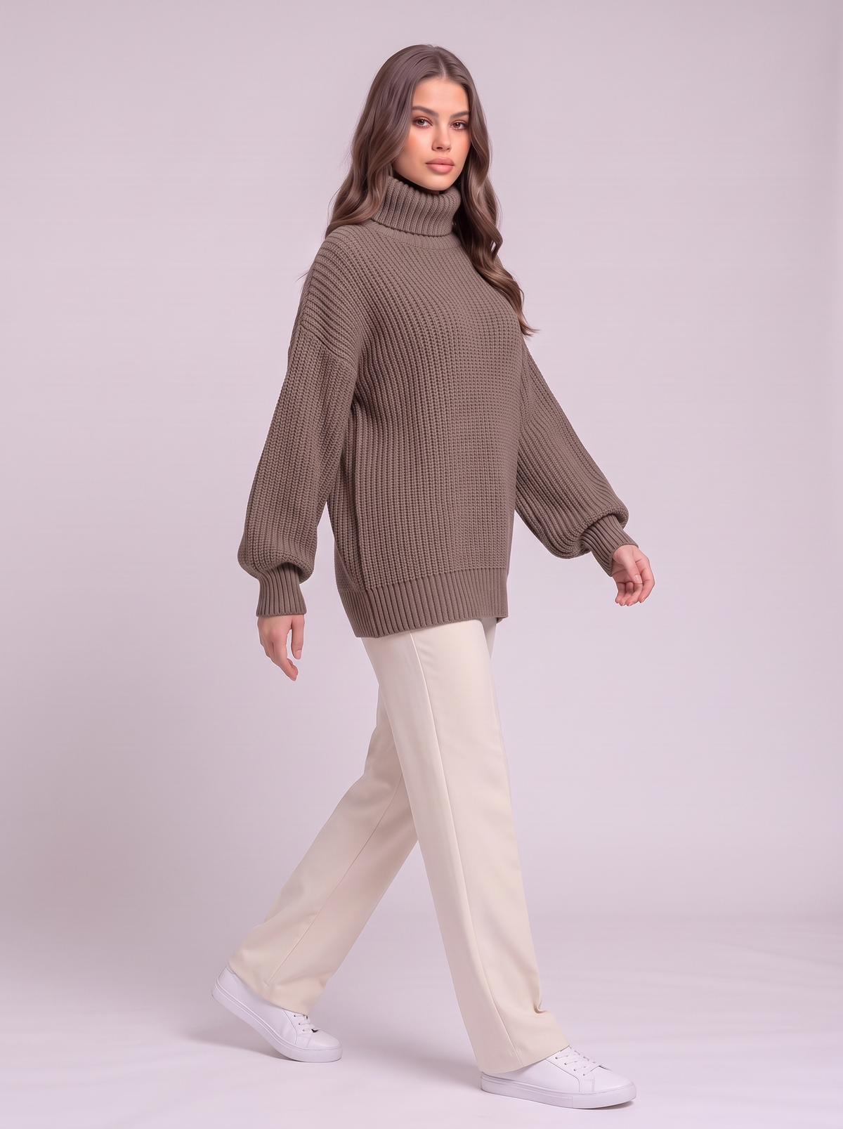 Oversized Turtleneck Ribbed Knit Sweater - Coffee - side