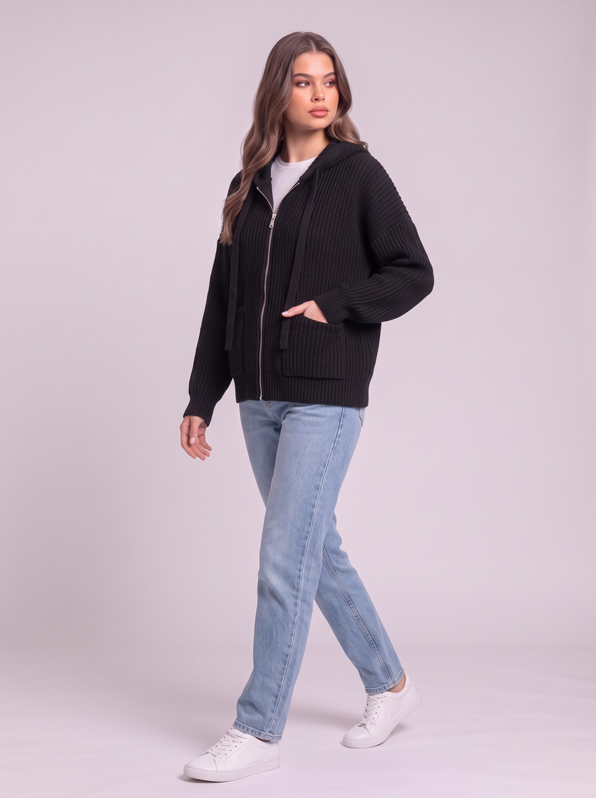Knitted Zip-Up Hooded Cardigan - Black - side