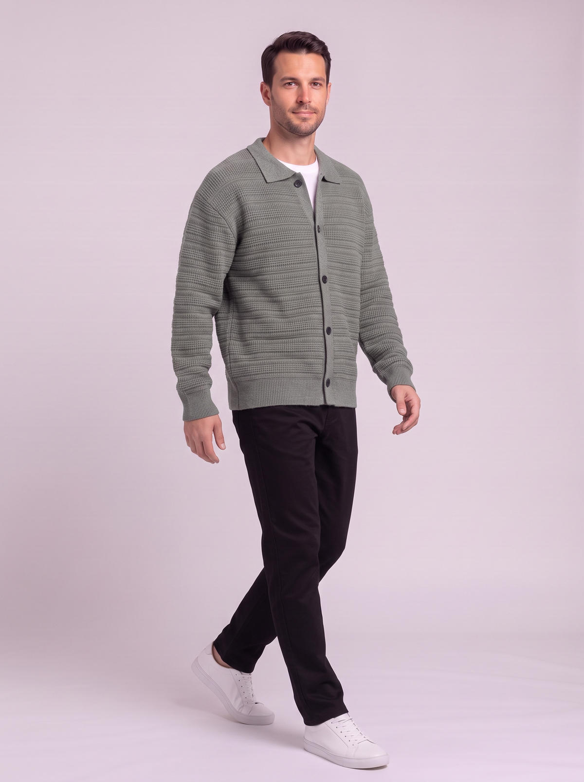 Men's Button Up Knit Cardigan - Gray Green - side