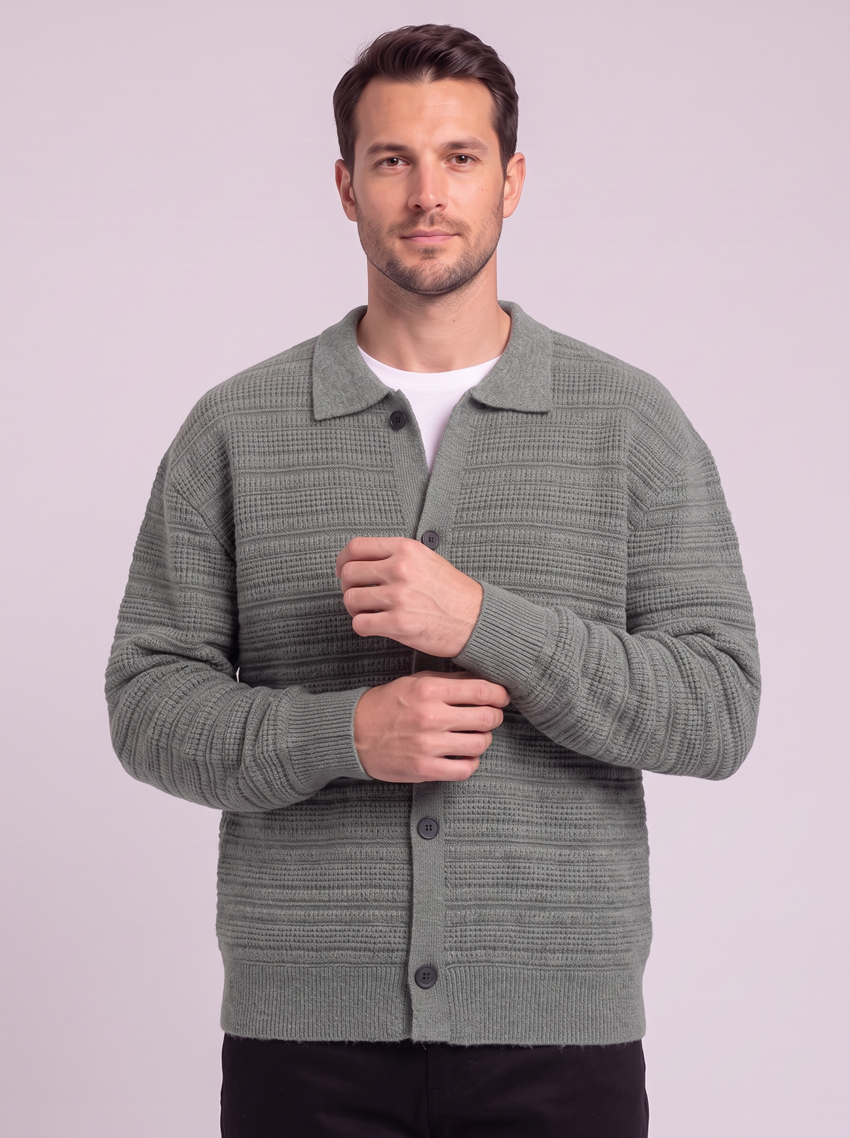 Men's Button Up Knit Cardigan - Gray Green - detail