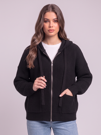 Knitted Zip-Up Hooded Cardigan - Black - detail