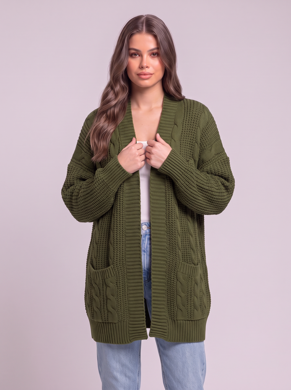Chunky Knit Open Front Cardigan - Green - detail