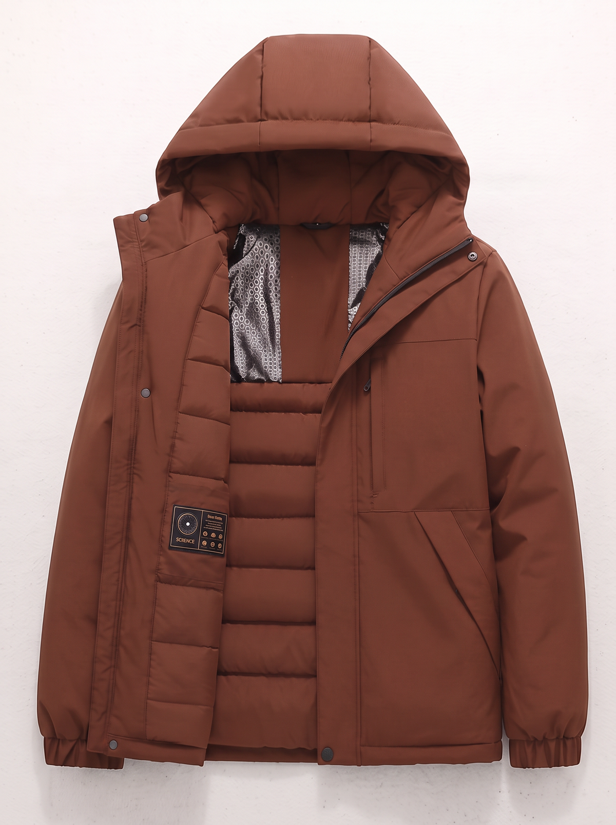 Men's Hooded Winter Coat - Brown - flat lay