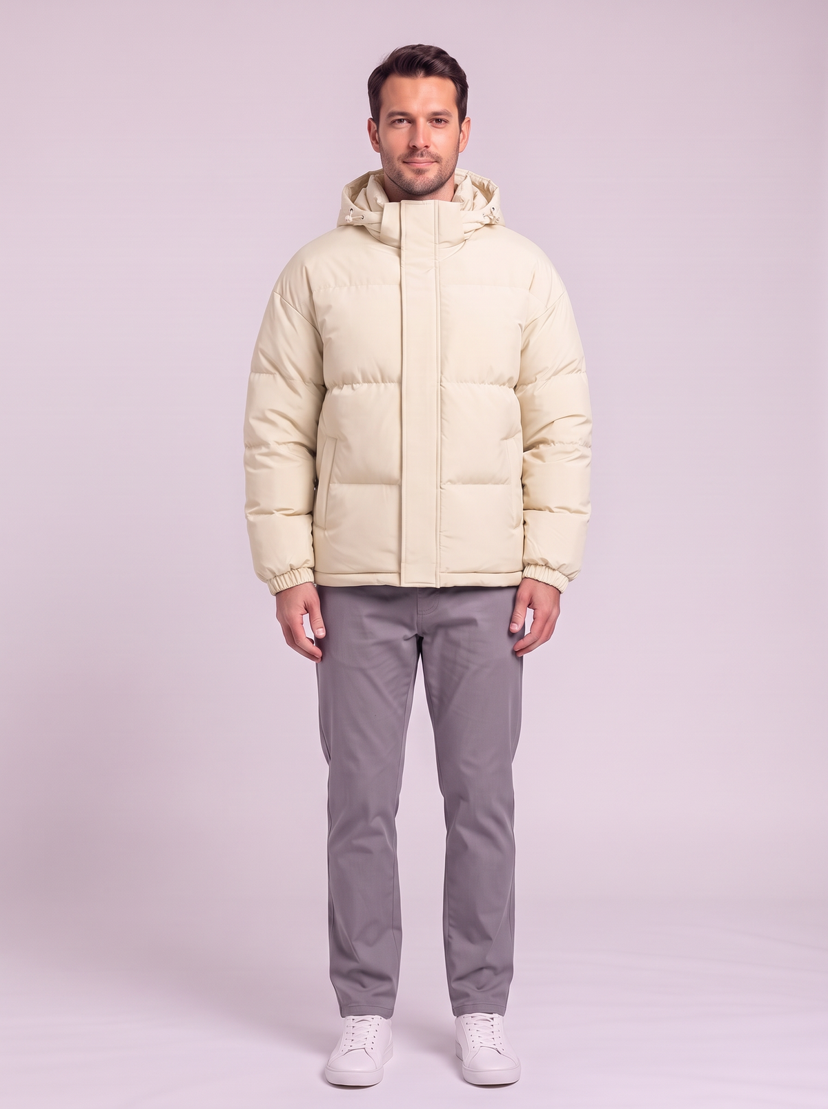 Men's Hooded Puffer Coat - Rice White