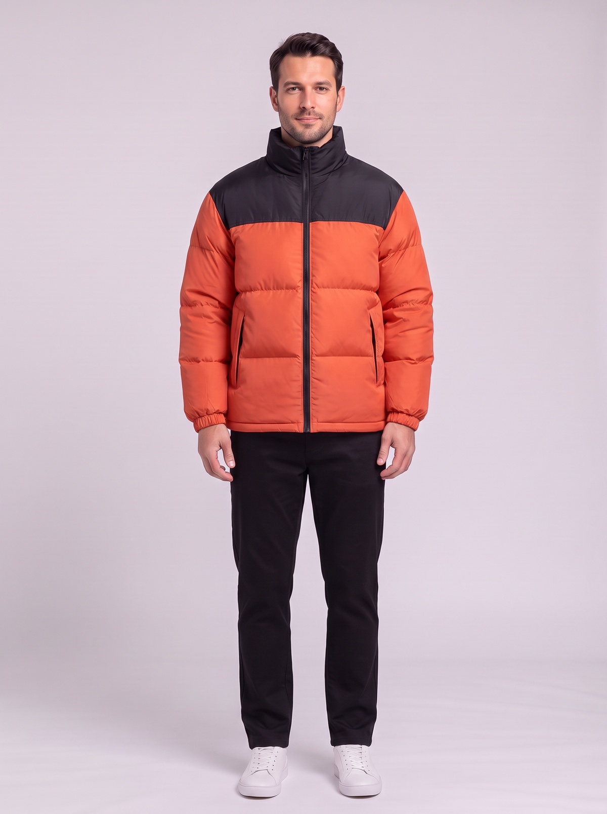 Men's Colour Block Puffer Jacket - Orange Red