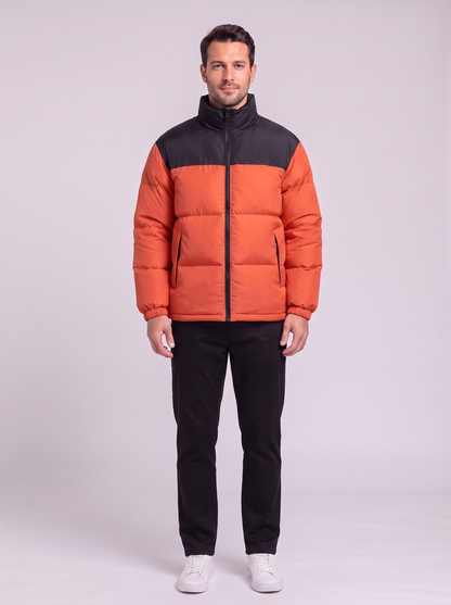 Men's Colour Block Puffer Jacket - Orange Red