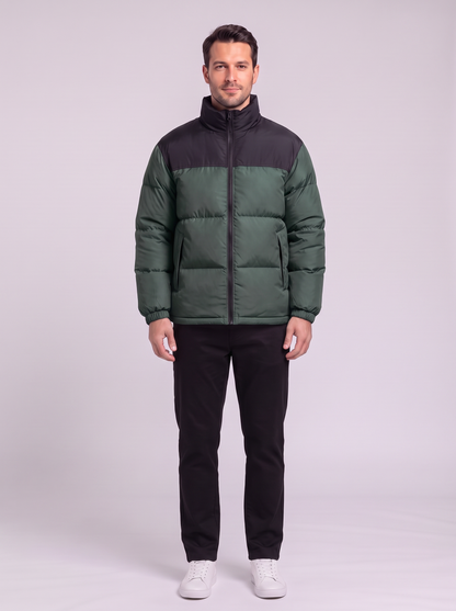Men's Colour Block Puffer Jacket - Army Green