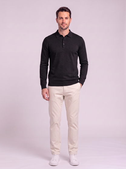 Men's Long Sleeve Knit Polo Shirt - Black