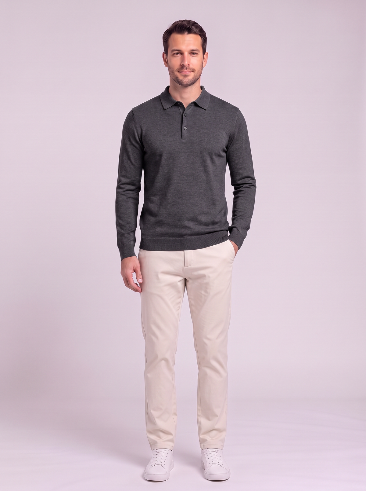 Men's Long Sleeve Knit Polo Shirt - Iron Gray