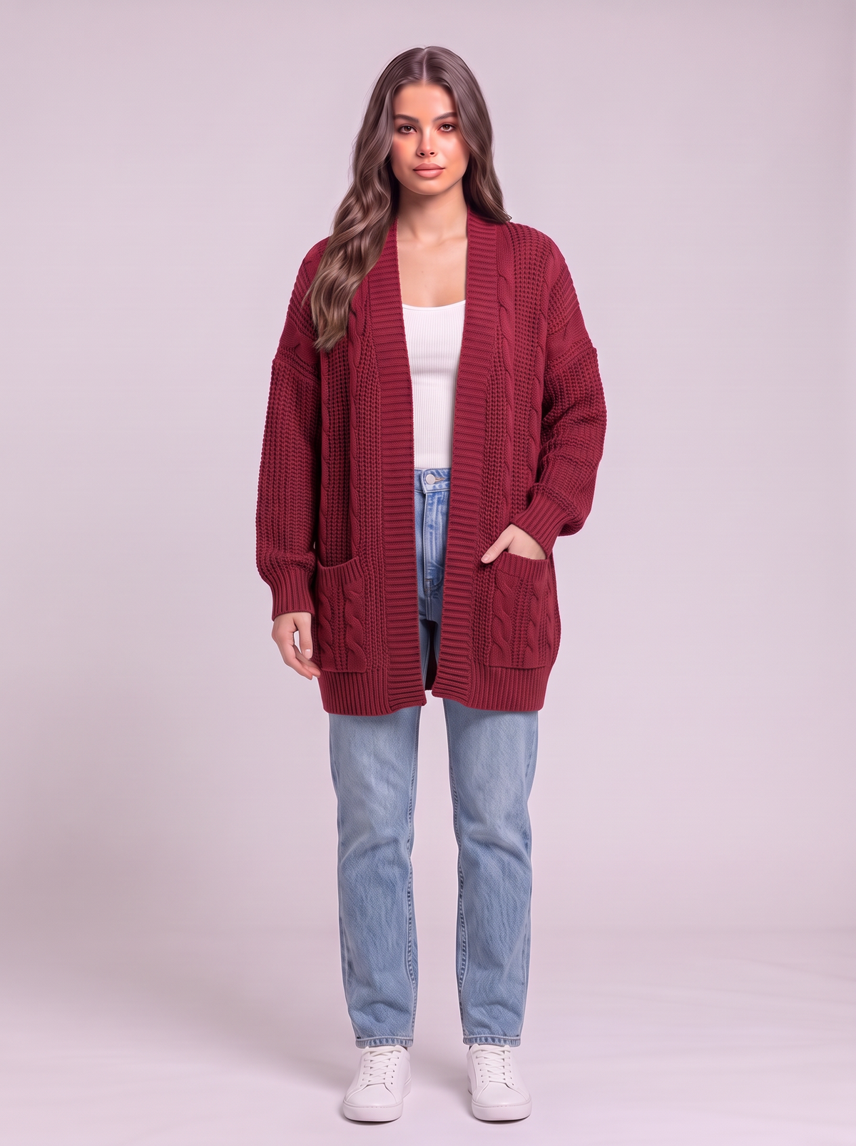 Chunky Knit Open Front Cardigan - Wine Red