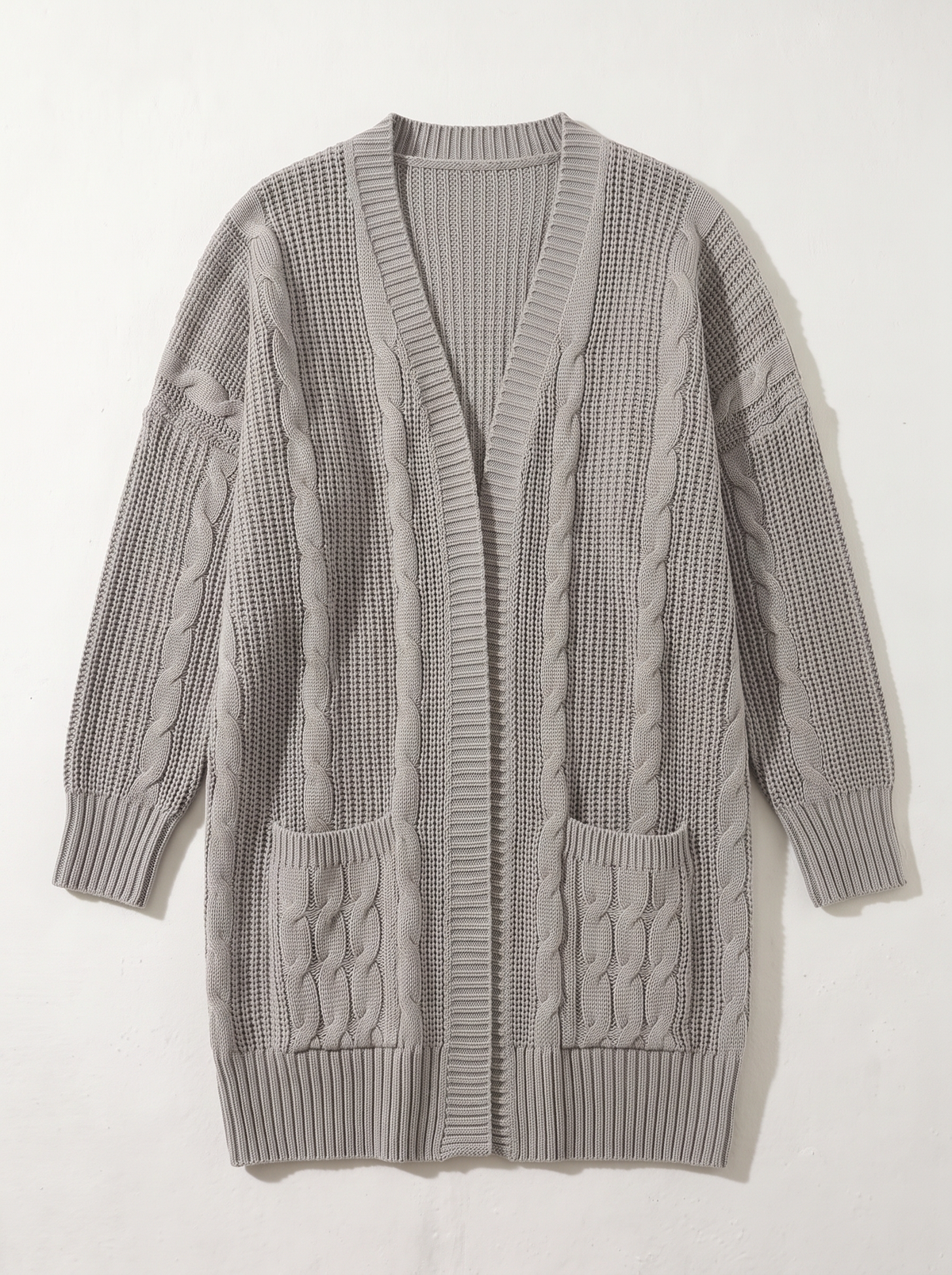 Chunky Knit Open Front Cardigan - Light Gray - flat lay