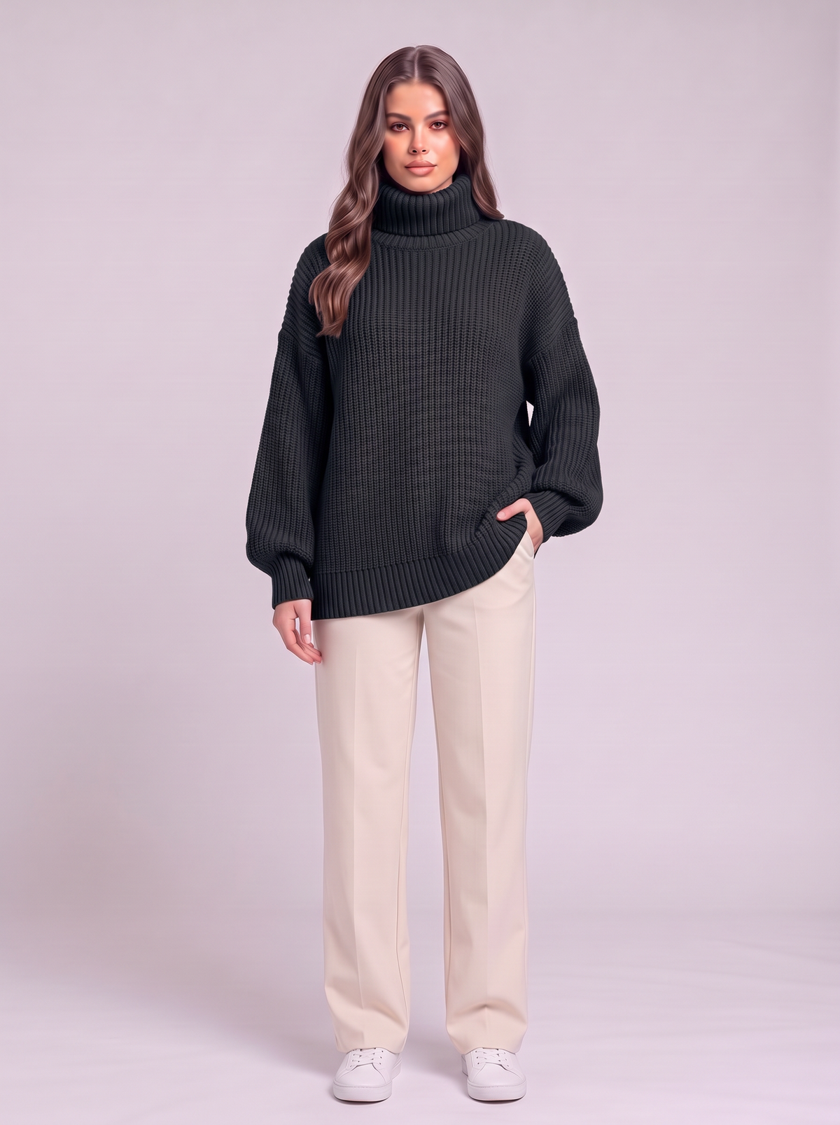 Oversized Turtleneck Ribbed Knit Sweater - Black
