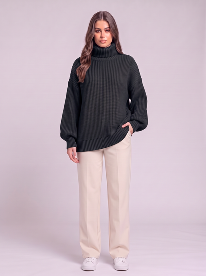 Oversized Turtleneck Ribbed Knit Sweater - Black