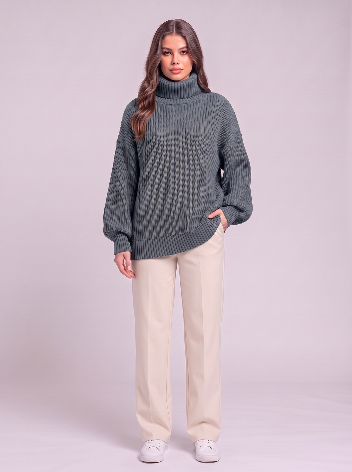Oversized Turtleneck Ribbed Knit Sweater - Blue