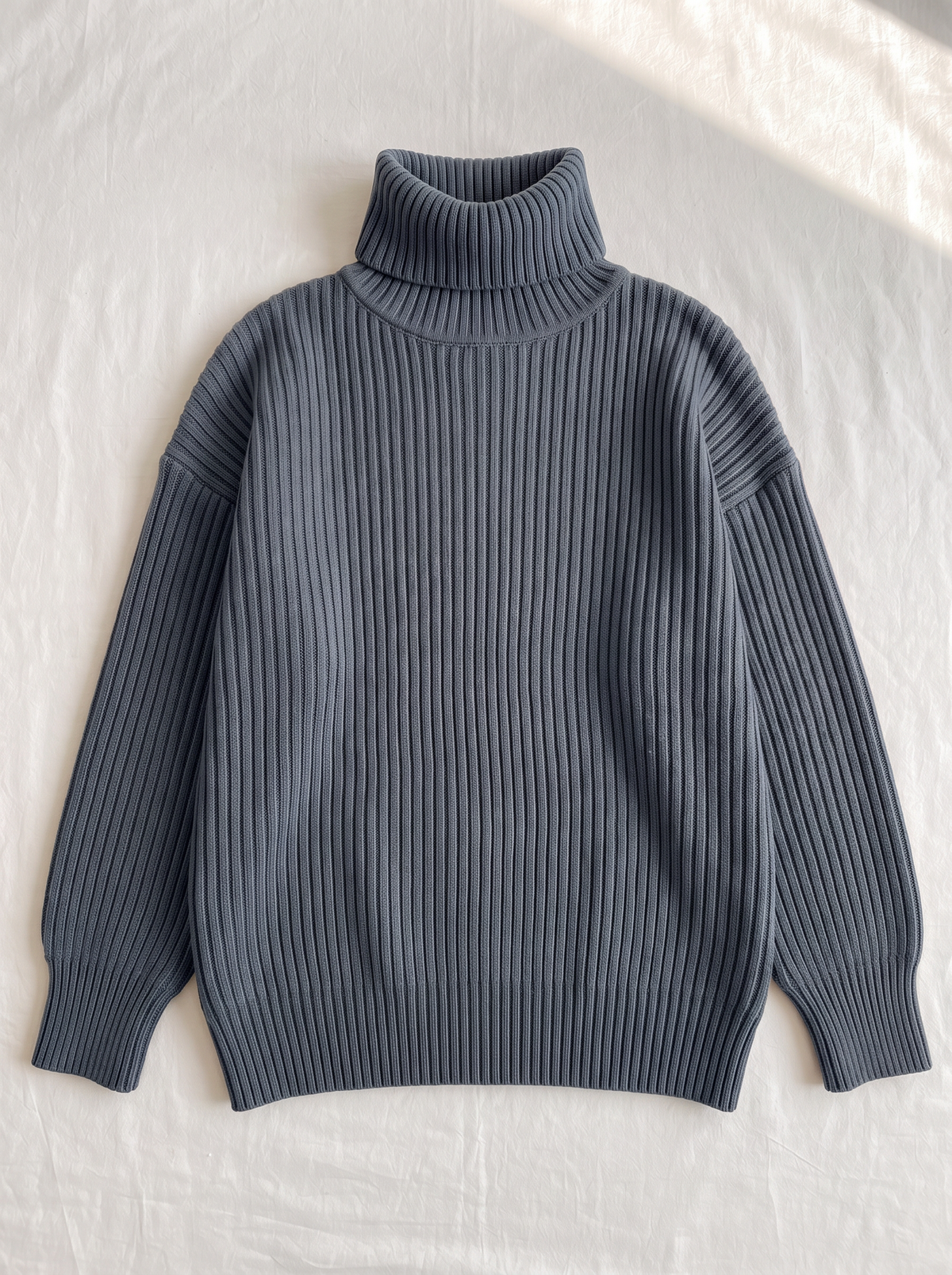 Oversized Turtleneck Ribbed Knit Sweater - Blue - flat lay