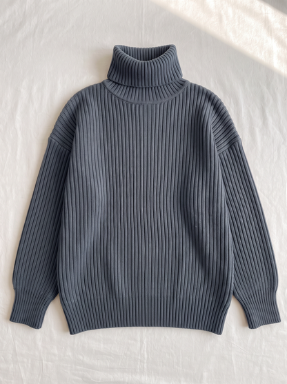 Oversized Turtleneck Ribbed Knit Sweater - Blue - flat lay