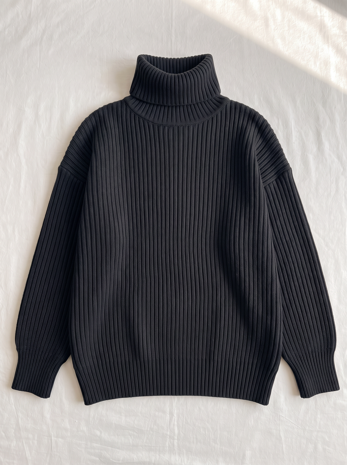 Oversized Turtleneck Ribbed Knit Sweater - Black - flat lay
