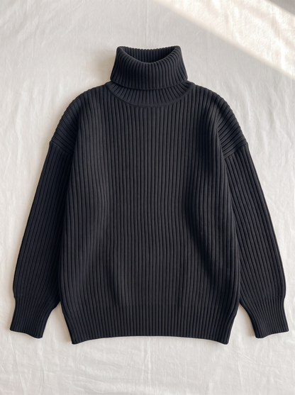 Oversized Turtleneck Ribbed Knit Sweater - Black - flat lay