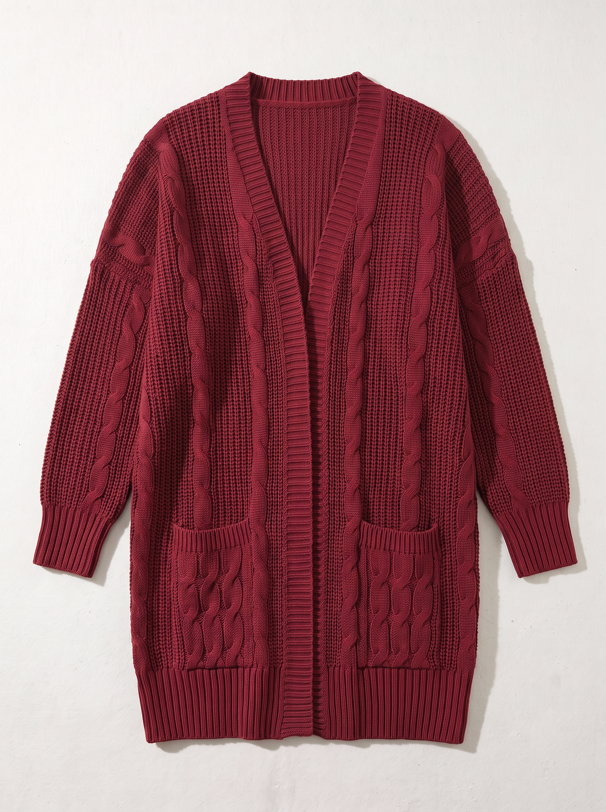 Chunky Knit Open Front Cardigan - Wine Red - flat lay