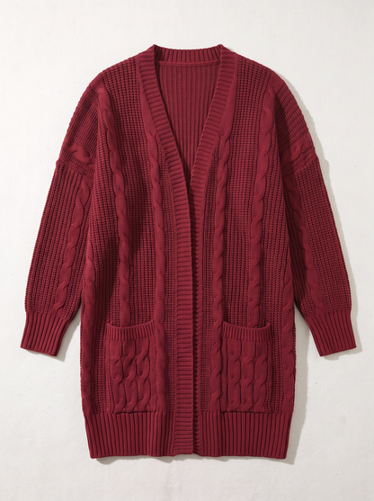 Chunky Knit Open Front Cardigan - Wine Red - flat lay