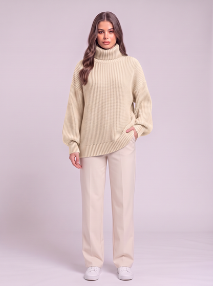 Oversized Turtleneck Ribbed Knit Sweater - Cream