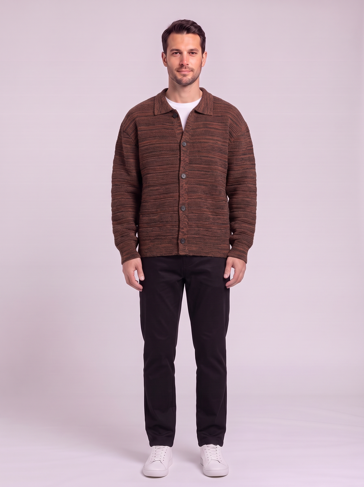 Men's Button Up Knit Cardigan - Flower Coffee